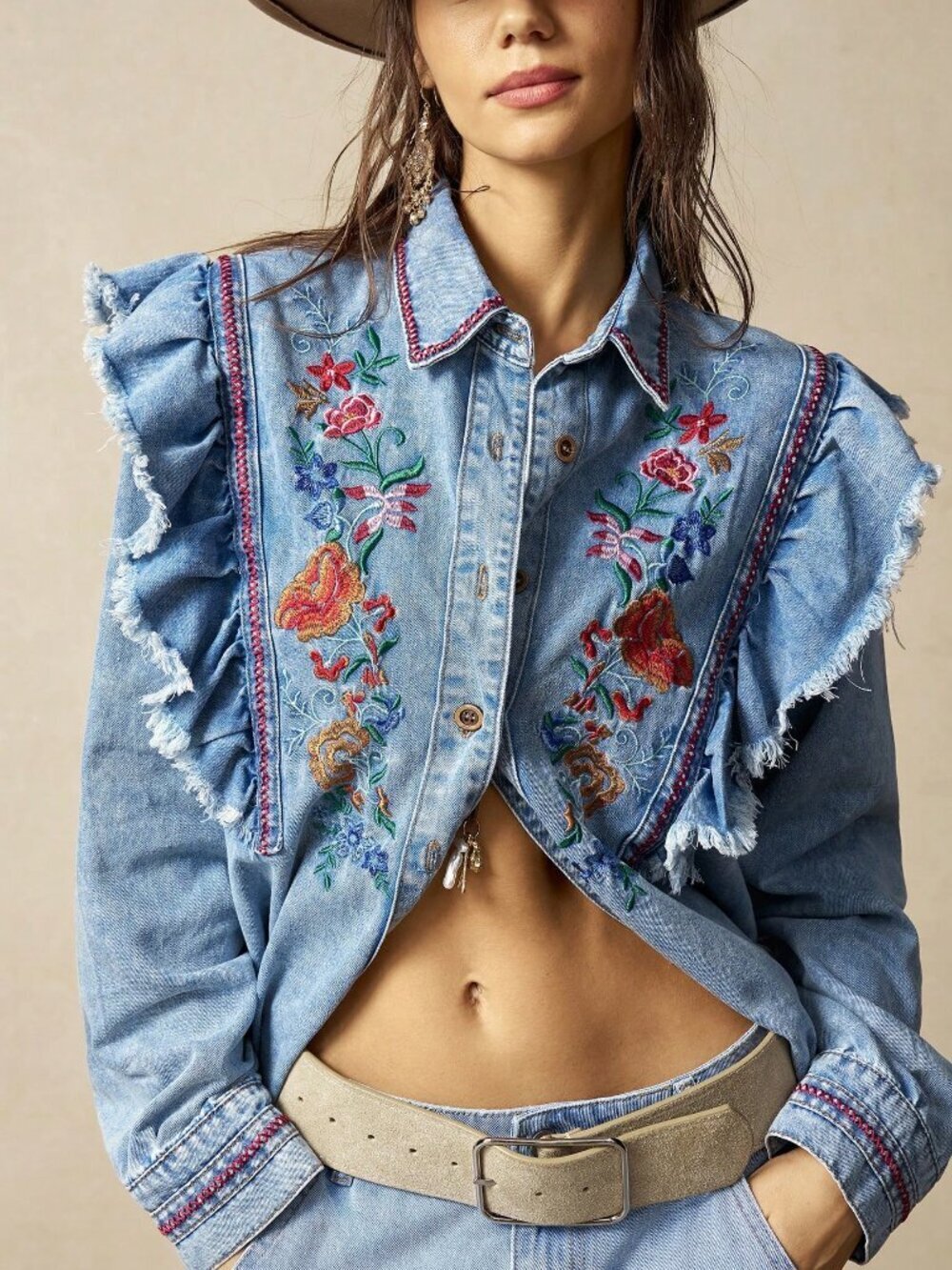 Blue Casual Women's Woven Ruffle Hem Long Sleeve Shirt